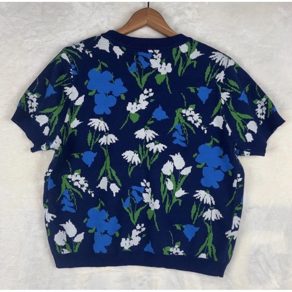 Kate Spade Floral Print Short Sleeve Crewneck Sweater Top Sz L Blue Pull Over - Picture 9 of 11